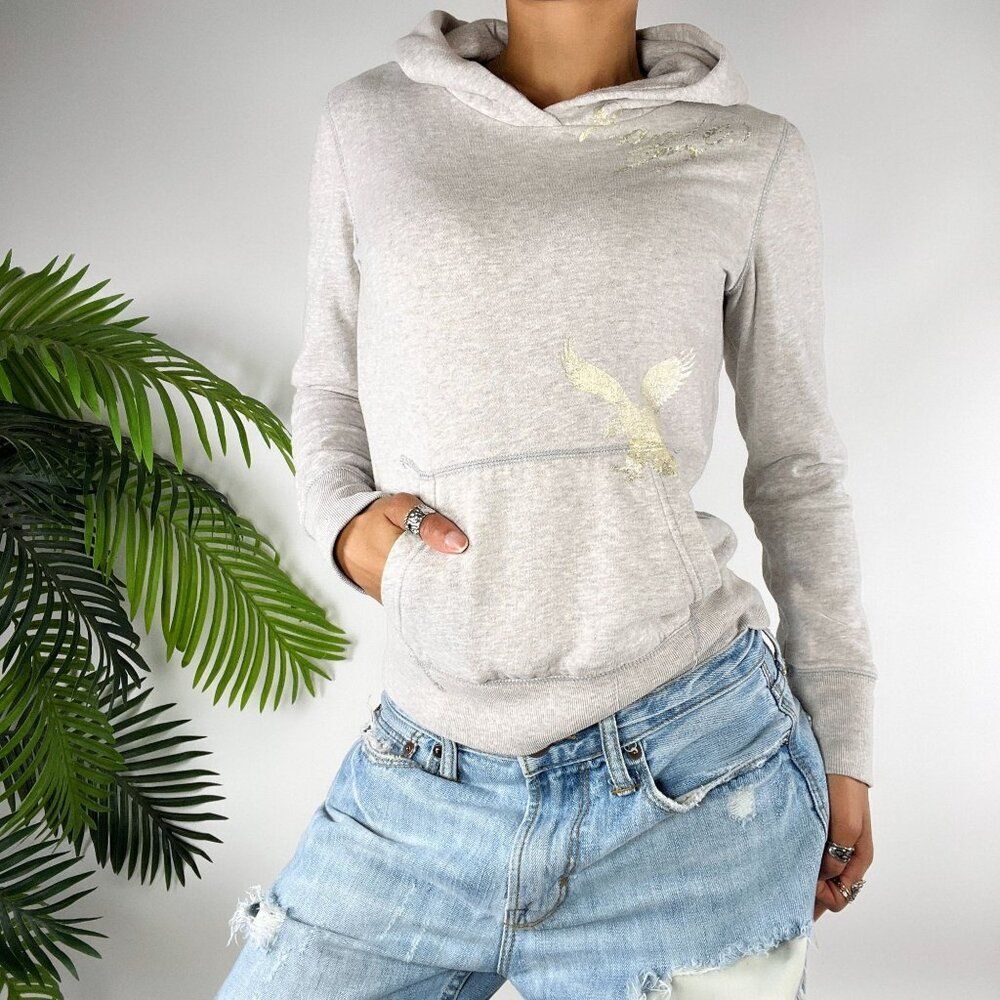 Vintage Y2K American Eagle Gray Preppy Casual Sporty Long Sleeve Hoodie / XS/S